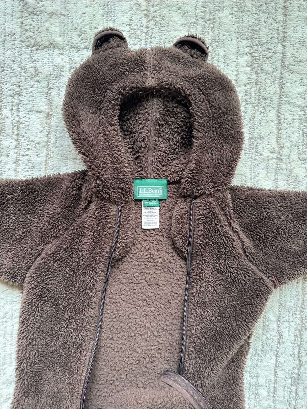 LL Bean Fleece Bunting One Piece Infant Baby 3-6 Months Zip Brown Teddy Bear - Picture 3 of 16